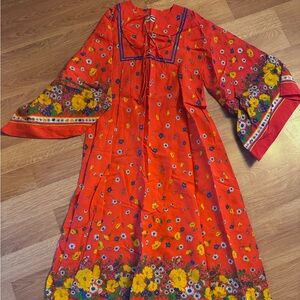 RARE 1970’s Mindy Malone Empire Waist Kimono Dress California Florals Poppy Red